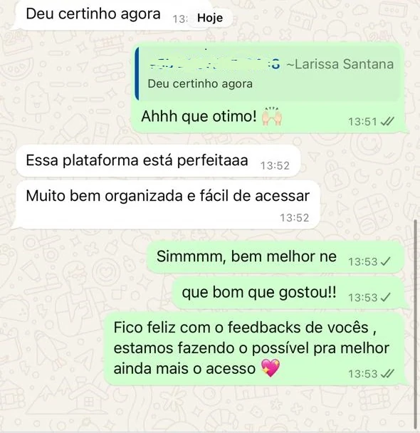 Depoimento real de aluna no WhatsApp