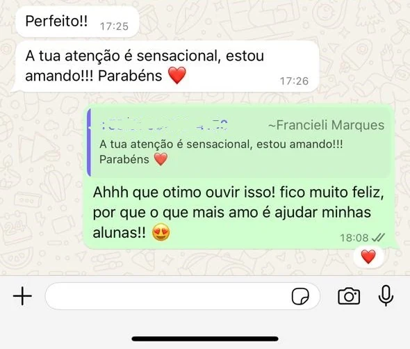 Depoimento real de aluna no WhatsApp